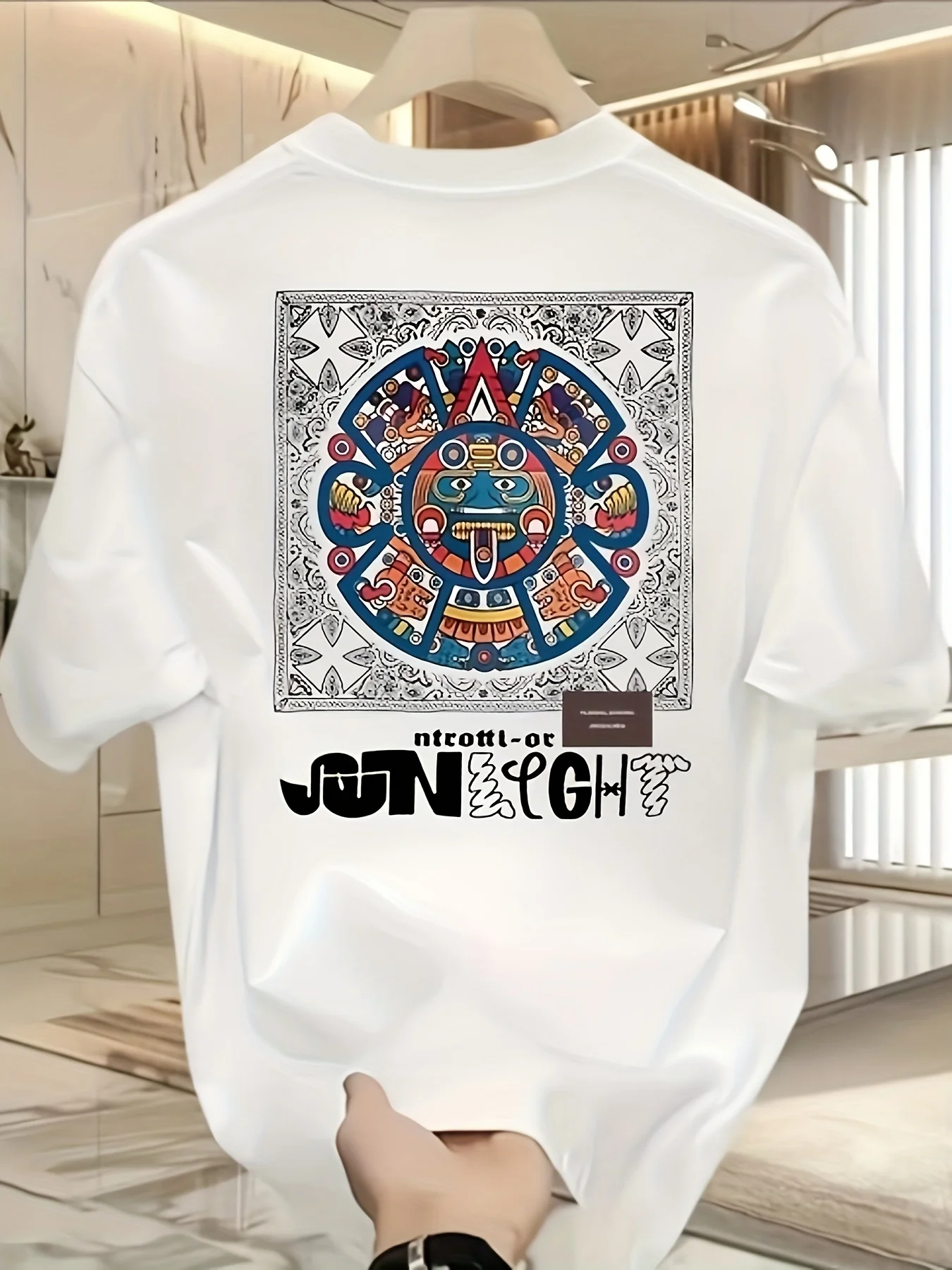 100% Pure Cotton Men's Casual Loose and Fashionable Maya Indian Tribe Printed Sports Short Sleeved Round Neck T-Shirt Top