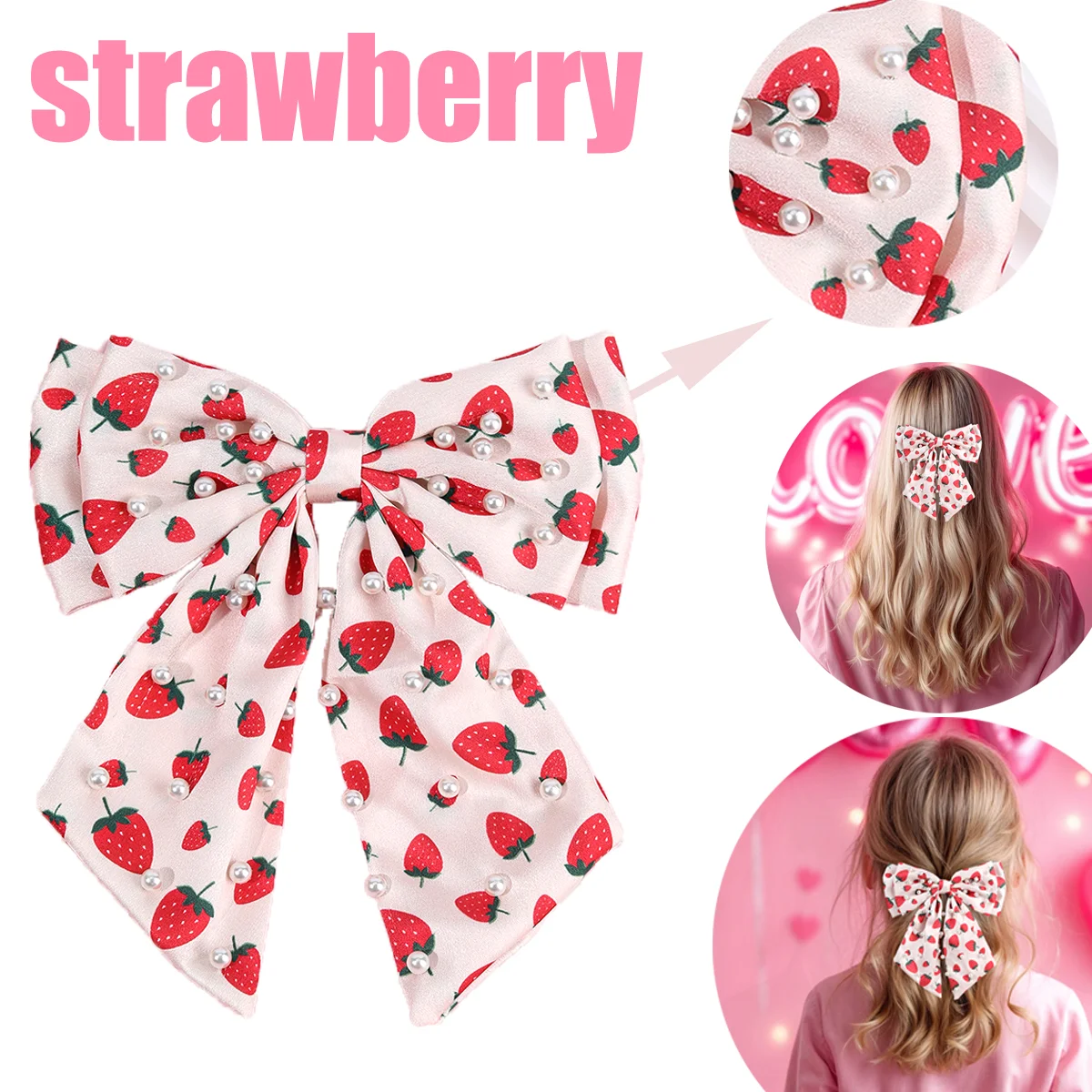 Chiffon Strawberry Bow Hairpin Pink Smooth Silk Textured Elegant Pearl Hair Pins Woman Girls Korean Accessories For Photos Party
