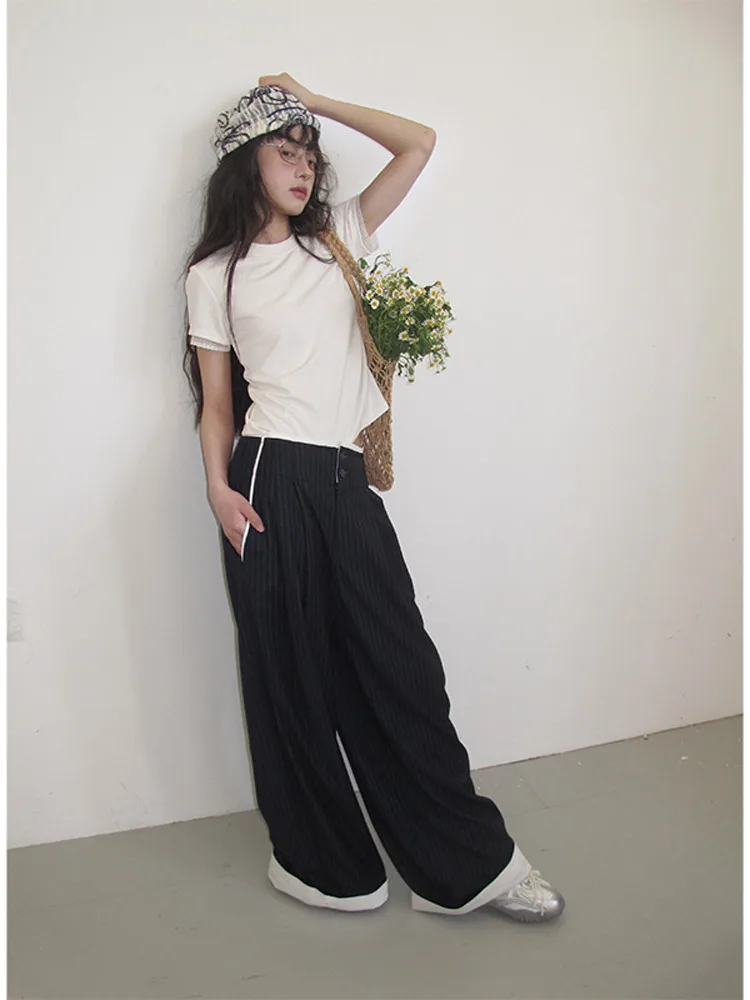 

Piapino Lace Splice Hollow out ort Sve Summer Pure Desire Ruffle Ne T-irt Casual Sle Straight Cut Cotton Blend Top