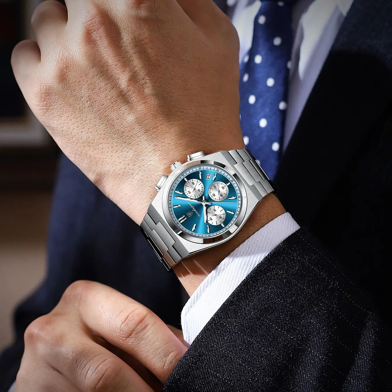 POEDAGAR موضة الساعات الفاخرة للرجال الفولاذ المقاوم للصدأ مقاوم للماء ساعة رجالية مضيئة تاريخ كرونوغراف ساعة كوارتز رجالية رياضية