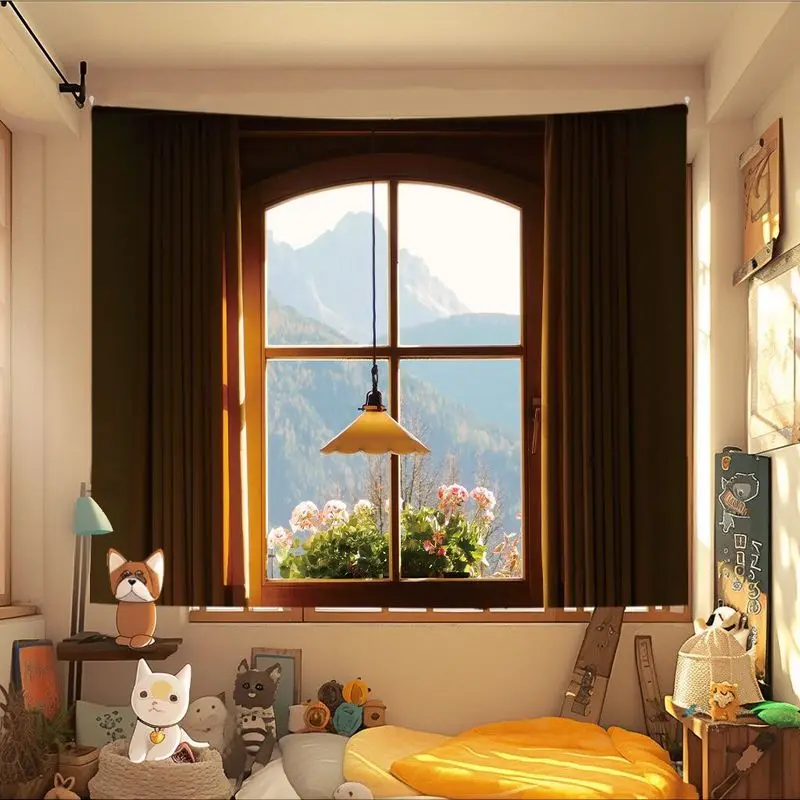 VIKAMA Healing Series Window Side Cat Hut Tapestry, Japanese Sunshine Green Plants Wall Art for Bedroom Living Room Decor