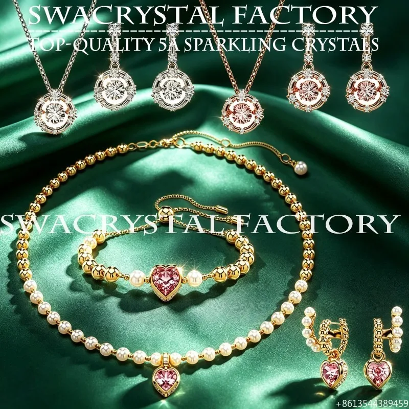 Romantic Beating Heart Series Crystal Jewelry Set CZ Pearl Necklace Bracelet Earrings Female Valentine Birthday Party Ornaments