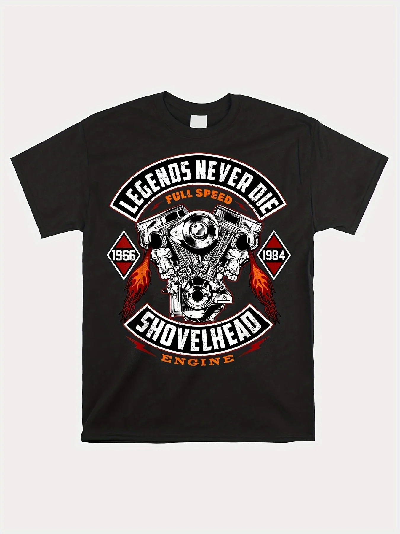 

Men's Vintage 1966-1984 Motorcycle Pattern T-Shirt Skull and Flame Design with "Legends Never Die" Cotton Top