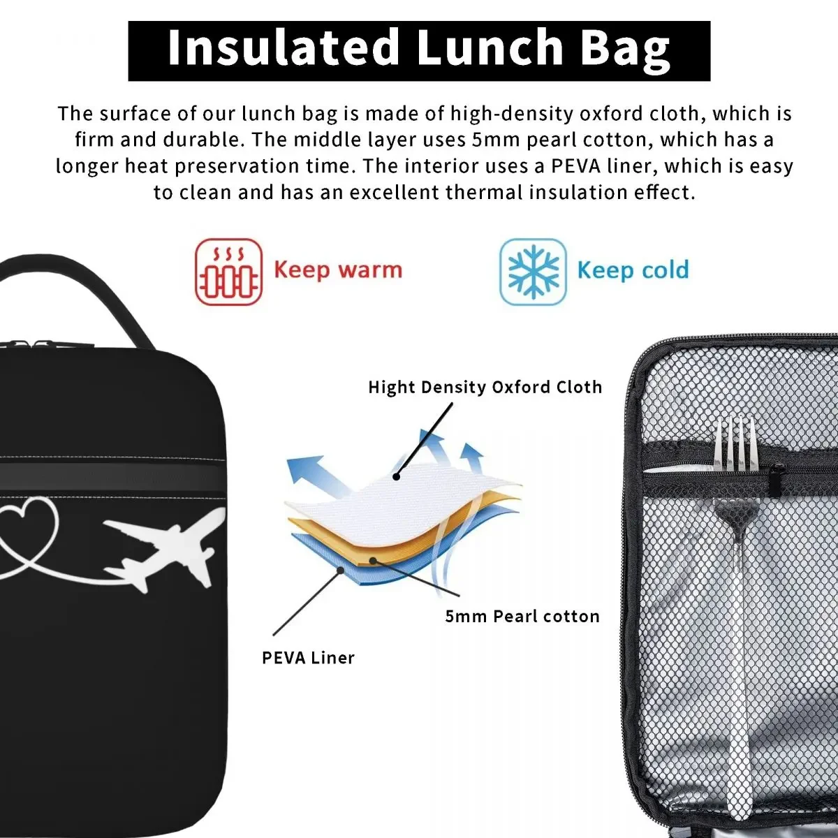 Borsa per il pranzo isolata con battito cardiaco del pilota dell\'aeroplano per la scuola, regalo per aviatore dell\'aviazione, riutilizzabile,