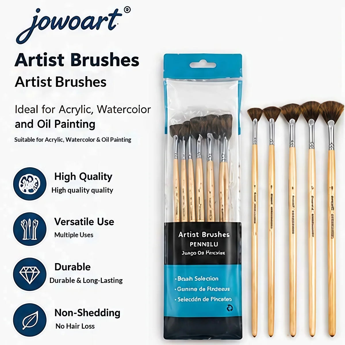 6-Piece Fan-shaped Long-Handle Wood Paintbrush Set Oil/Acrylic/Watercolor Blending Brushes Made in China Art Supplies Wholesale