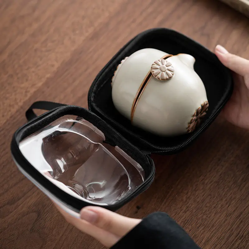 

Mihuang Ru Kiln Travel Tea Set, One Pot, Two Cups, Kuaike Cup, Kung Fu Tea, Outdoor Portable Ceramic Tea Set