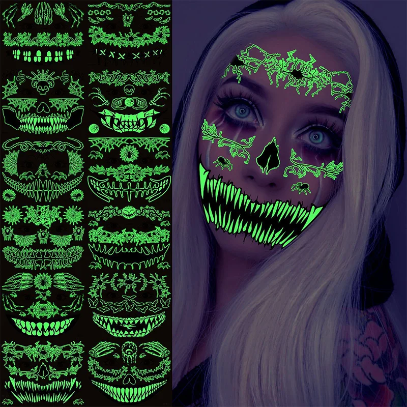 

12Sheets/Set Funny Halloween Horror Mouth Sticker Luminous Tattoo Stickers 3D Spider Scar Temporary Waterproof Tattoos Sticker