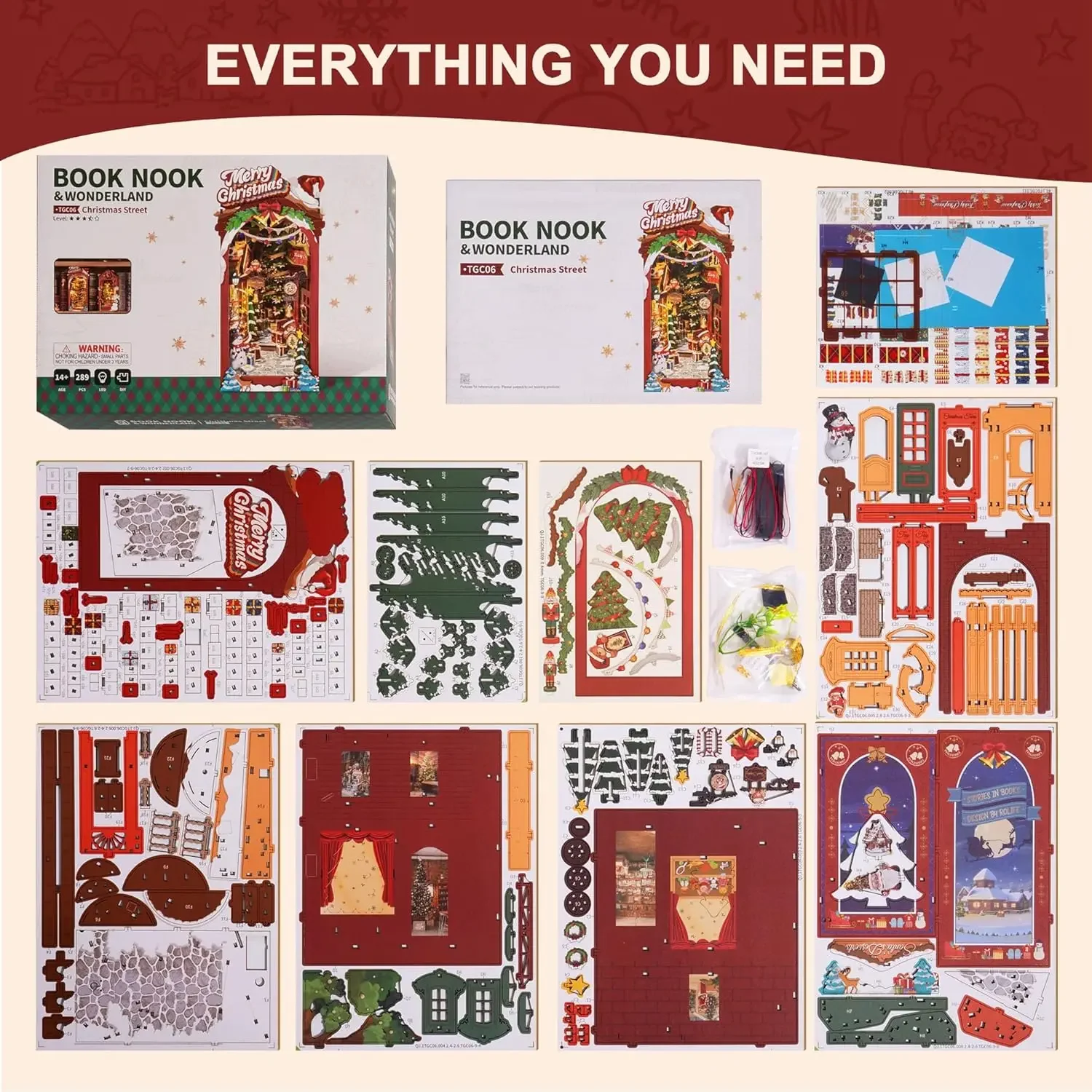 Book Nook Kit DIY Miniature Dolls House Kit 3D Wooden Puzzle Decoration Gift with LED Lights Christmas Street and House