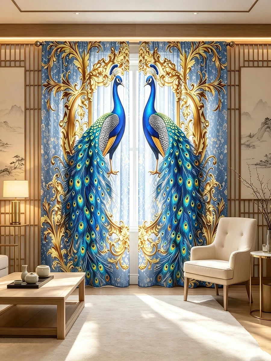 2PCS Digital Printed Curtains, Luxury Blue Peacock Golden Baroque Frame Pattern, Elegant Style for Bedroom Living Room Decor