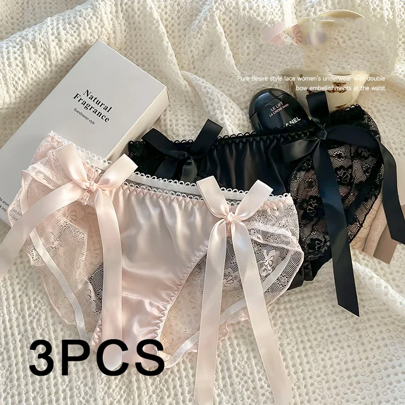 3PCS/set Ladies Sexy Mesh Panties Mid-waist Seamless Lace Underwear Briefs Japanese Style Young Girl Underwear Pink Bow Lingerie