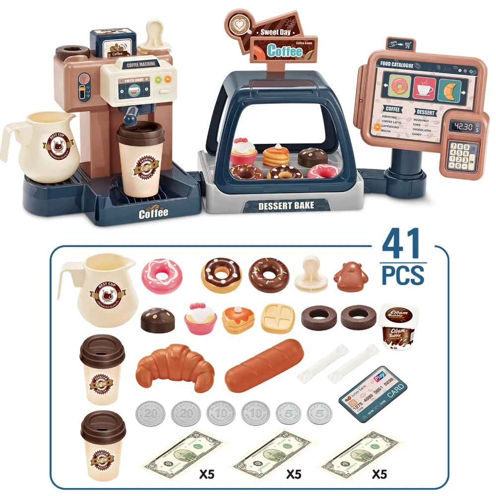 WizKidz Coffee Maker Toy Playset - Caixa registradora Sobremesas Donuts Bolos Diversão Role Play para crianças Aniversário Atividades de aprendizagem precoce