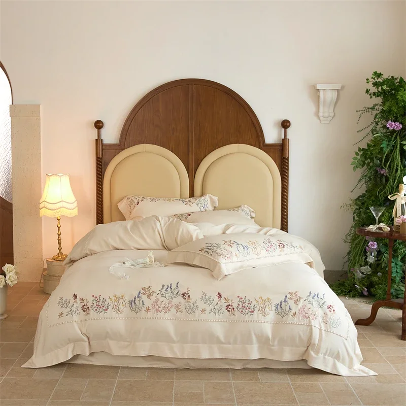 Natural Cotton Linen Vintage French Flowers Embroidery Luxury Bedding Set Duvet Cover Flat/Fitted Bed Sheet Pillowcases 4Pcs