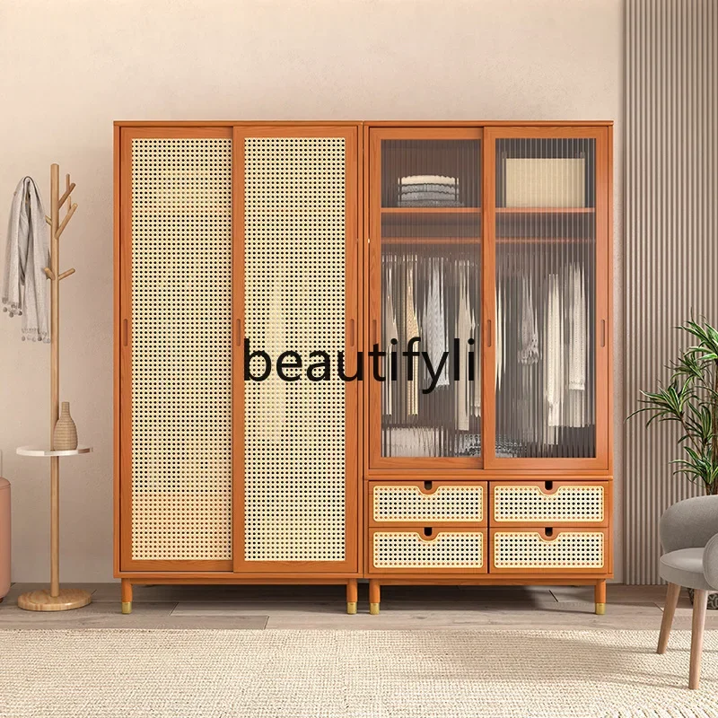 CC Solid wood double-door wardrobe storage locker household sliding door rattan wardrobe simple