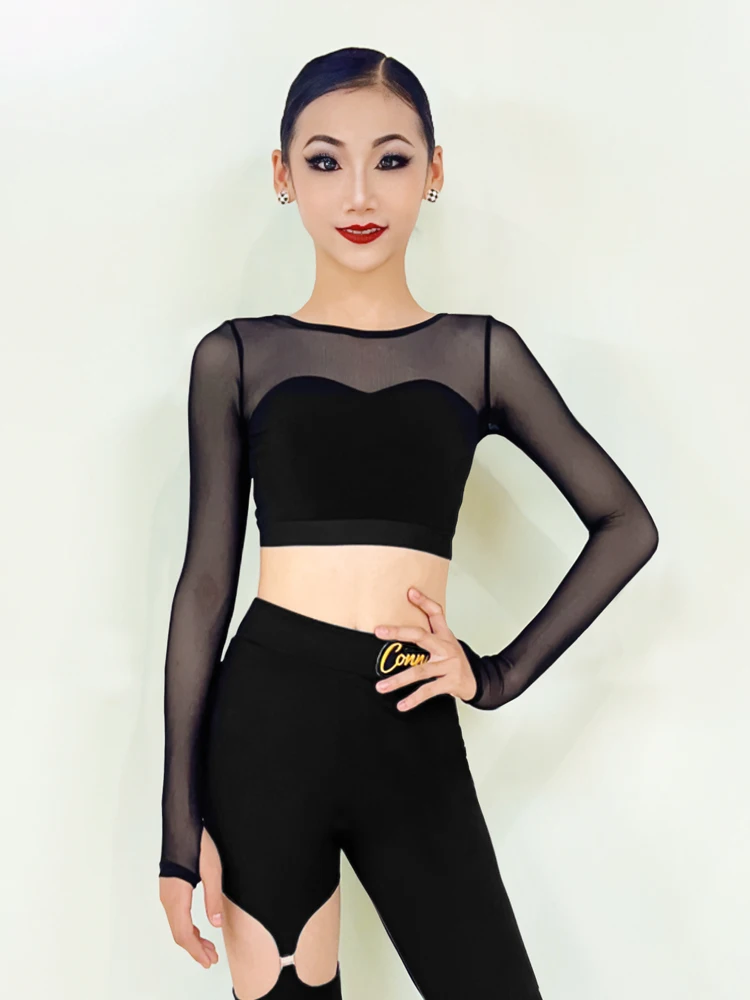 Latin dance costume, women's dance practice suit, children's dance national standard modern dance top, mesh long sleeved