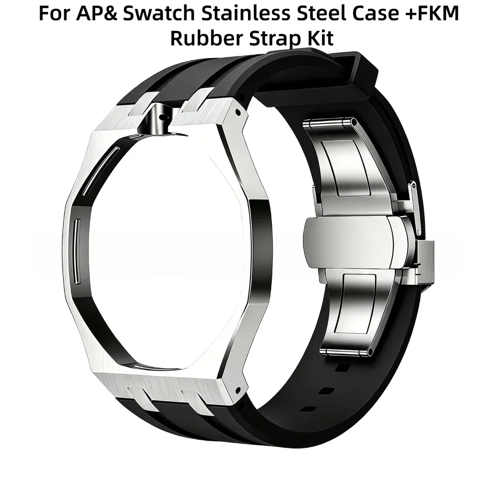 316L Stainless Steel Case for Swatch X AP Royal POP With Fold Buckle Kit Changer For 3/12 Clock With FKM Rubber Watch Strap Kit