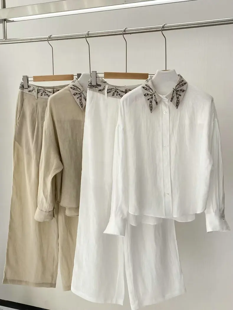 

100% Linen Women's Sequin Embroidery Set 2025 New Turn-down Collar Single Breasted Blouse + High Waist Straight Long Pants Suit