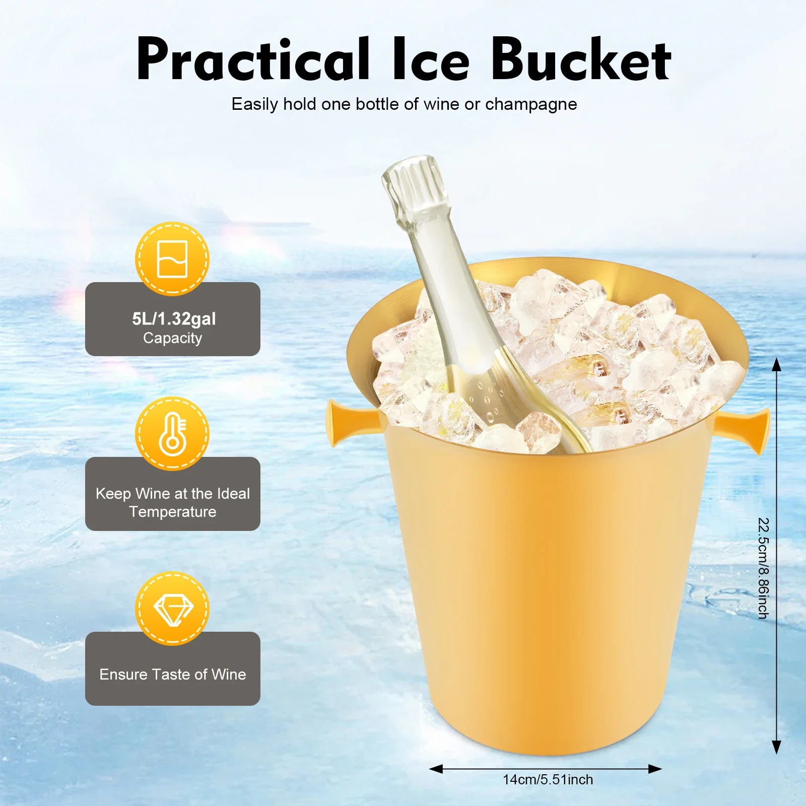 5L Ice Bucket with Stand Stainless Steel Standing,Golden Ice Bucket Ice Cube Container Wine Bucket on Stand for Weddings,Parties