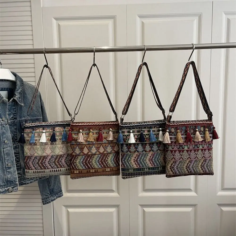 

Ретро-сумка через плечо с бахромой, этническая плетеная сумка, сумка-тоут с геометрическим узором, большая вместительная сумка для женщин