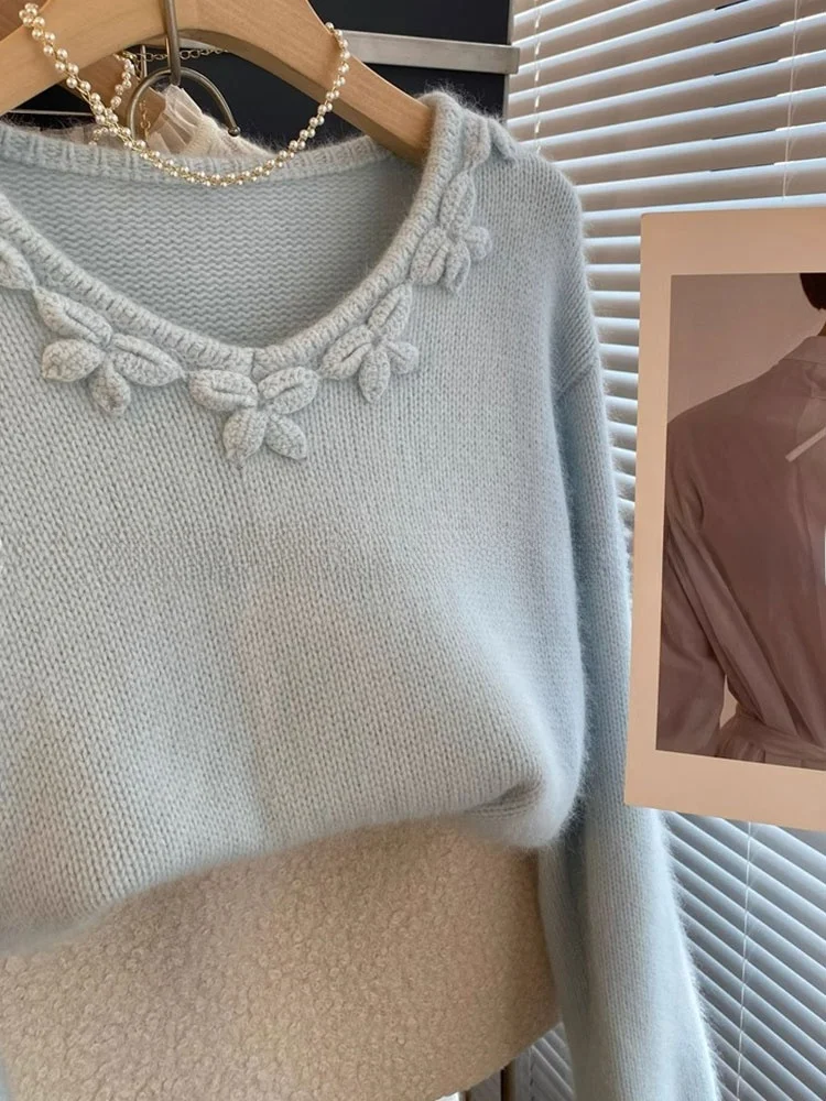 سترة محبوكة ناعمة ومريحة طويلة Sve V-Ne من Ele Lazy Sle، تصميم ثلاثي الأبعاد مثقوب، دفعة صغيرة فريدة من نوعها، حقيبة كورية... #5