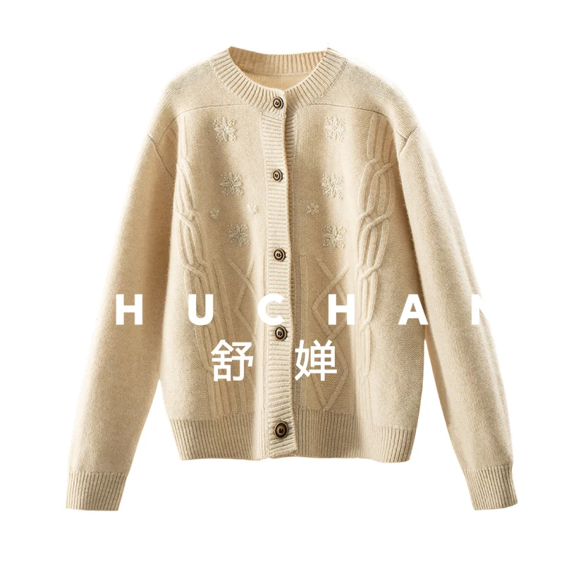 

470g Light Luxury 100 Cashmere Hand-embroidered Crew Neck Sweater Cardigan Women's 46E2 Sweaters for Women