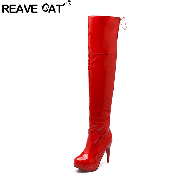 REAVE CAT 2021 Sexy Over The Knee Boots Patent Leather Velvet Round Toe Lace Up Platform 11cm Thin Heel US12 White Red A4348