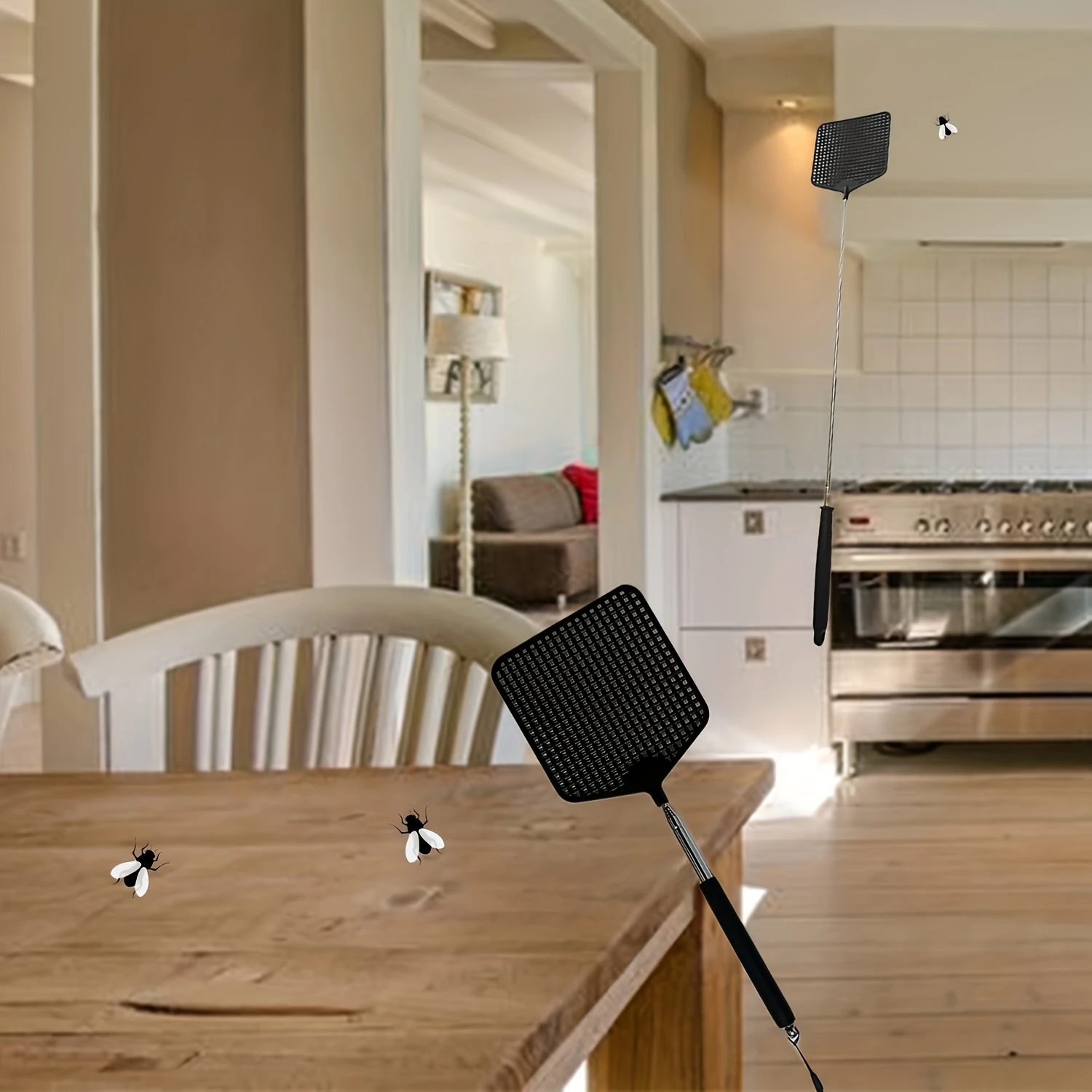 A heavy-duty telescopic fly swatter with a durable plastic and stainless steel handle that is easy to hang