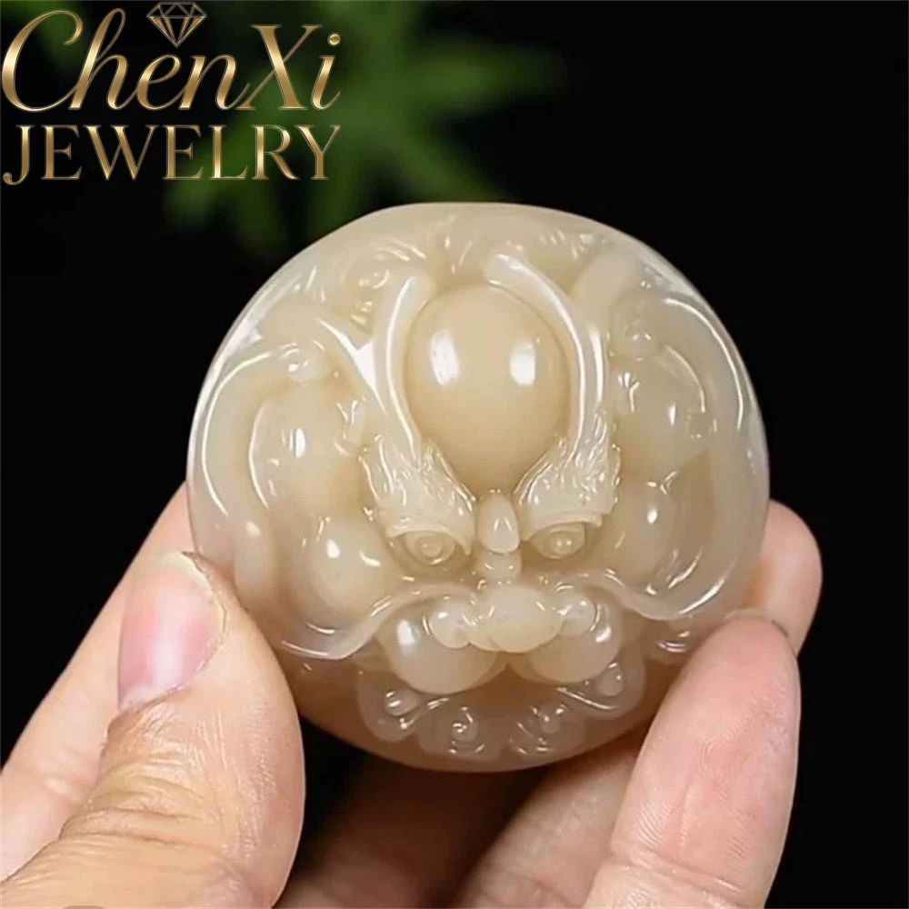 

Natural Hetian Sugar Jade Dragon Head Belt Buckle Luxury Quality Fashion Fine Jewelry Amulets And Mascots Exquisite Elegant Gift