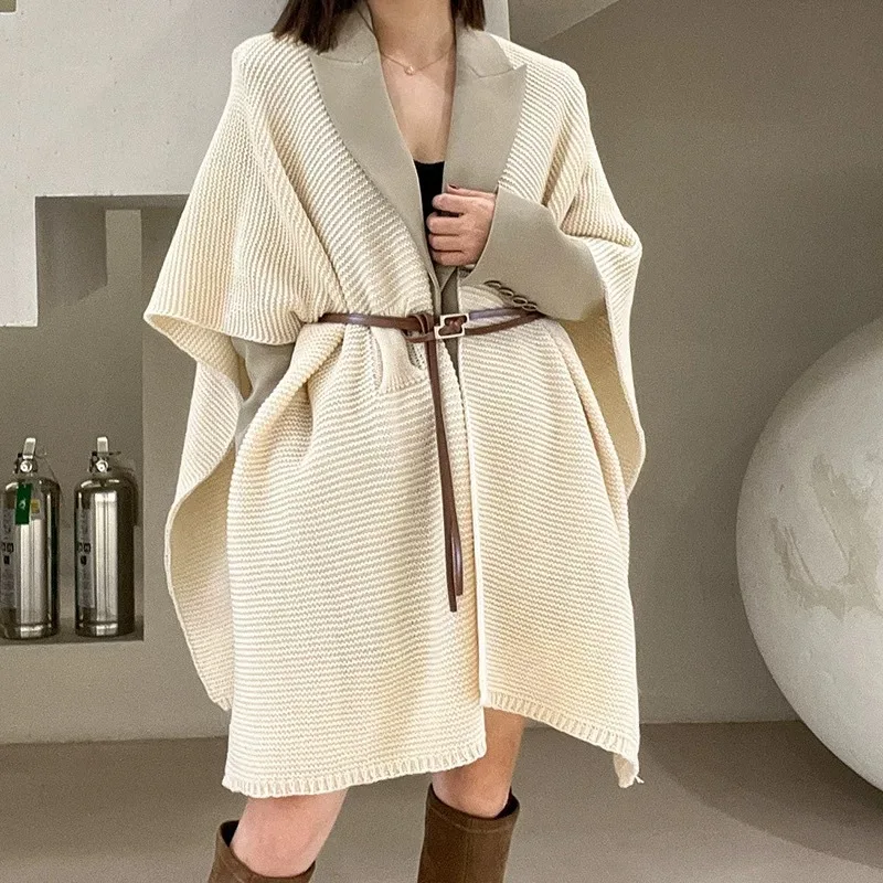 Knitted Shawl Women's 2024 Autumn And Winter New Lazy Style Medium Long Loose Slimming Cloak Jacket