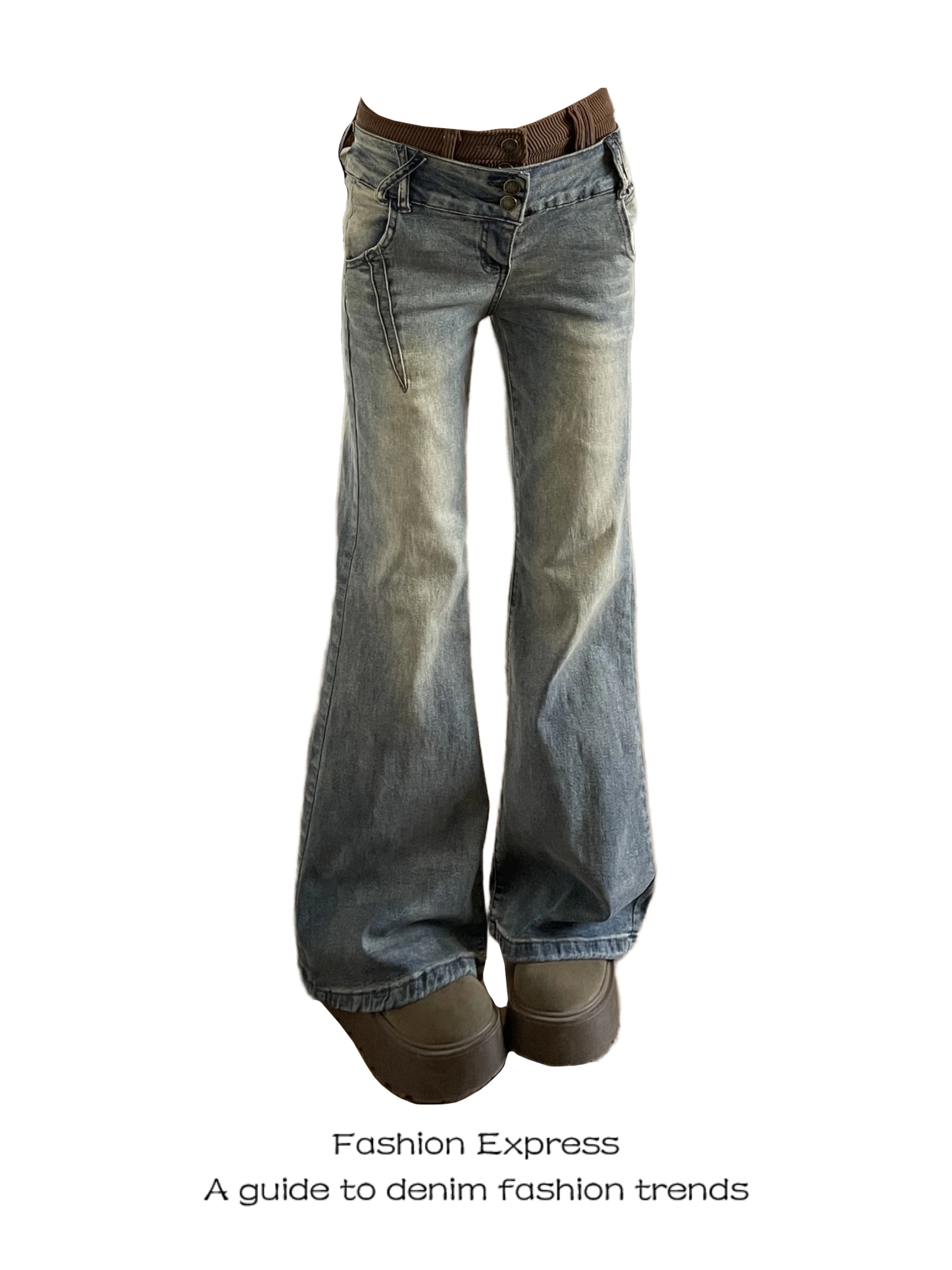 

American Wa Low Waist Bell Bot Jeans Women's New High Street Design Super Good Looking Slim Fit Flared Long Pants