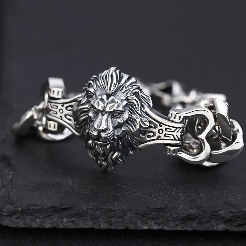 s925 sterling silver ornament retro personality all match trendy fashion Thai silver domineering lion's head bracelet for men