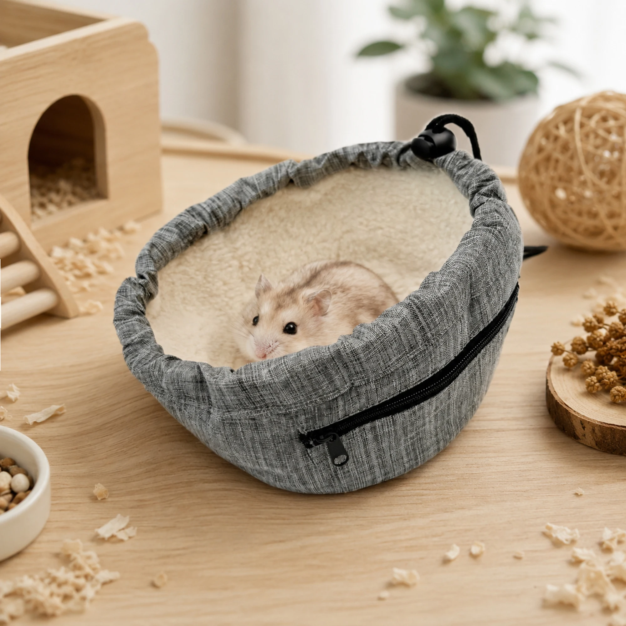 Comfortable Small Pet Bed Warm Sherpa Lined Hamster House With Drawstring Adjustment Zipper Pocket Durable Fabric For Hamster
