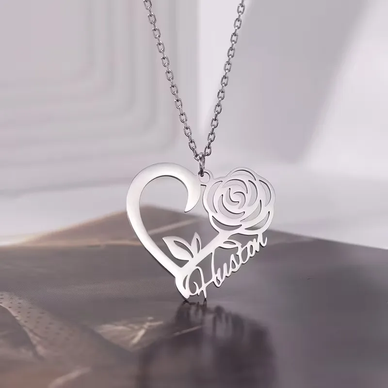 

Custom Rose Flower Heart Name Necklaces For Women Stainless Steel Customized Necklace Pendant Personalized Neck Chain Jewelry