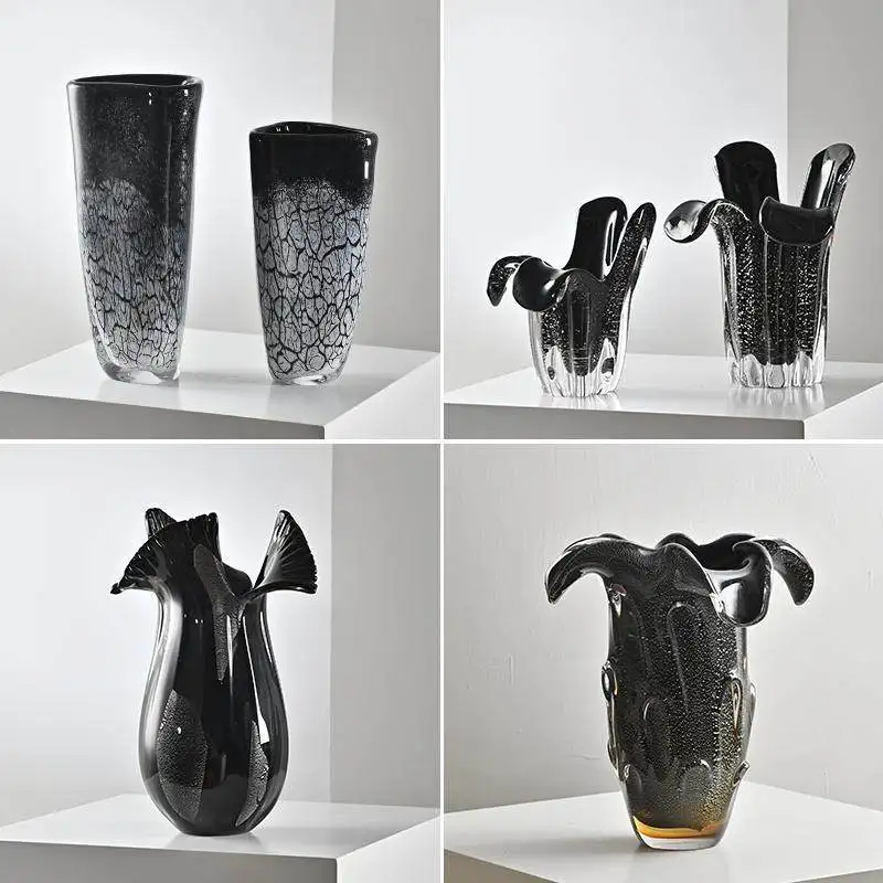 Black high-end minimalist glass vase, living room coffee table ornament, flower arrangement, large-diameter glazed flower decora