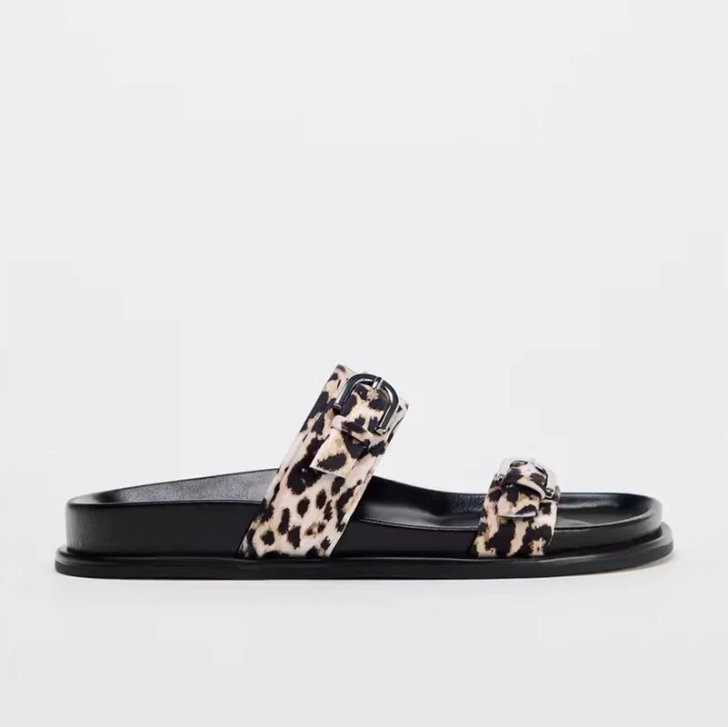 TRAF Leopard Print Buckle Strap Flatform Slipper donna Round Head Open Toe pantofole con suola spessa moda per il tempo libero scarpe basse per Wo