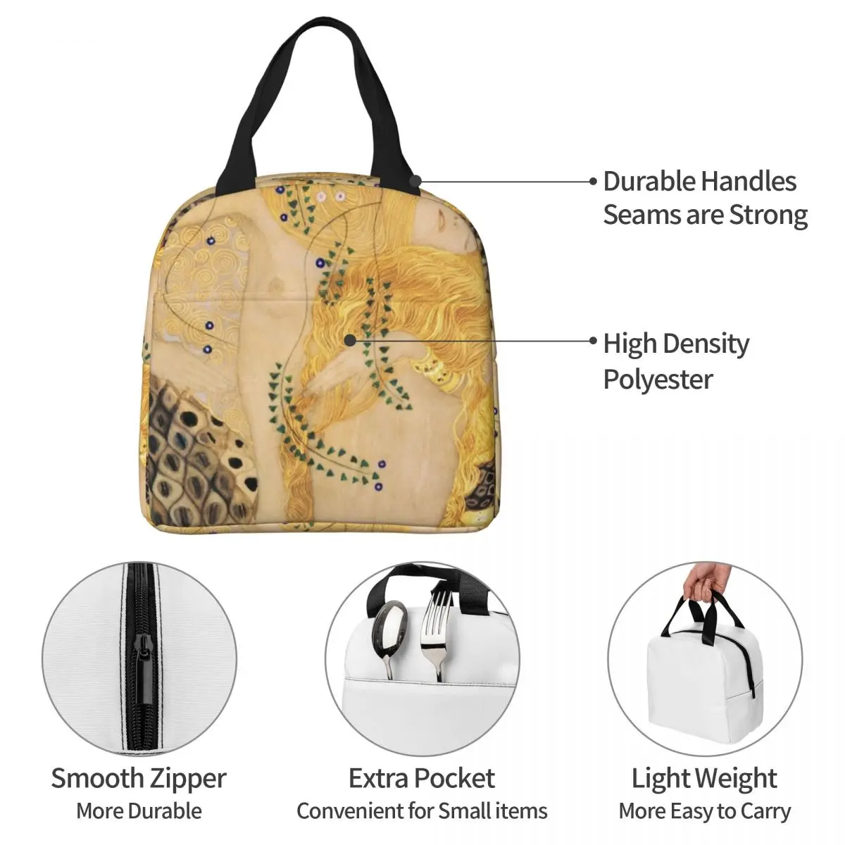 ثعبان الماء أنا بقلم غوستاف كليمت آرت نوفو رمزية معزول حقيبة الغداء مانعة للتسرب وجبة الحاويات حقيبة حرارية حمل علب الاغذية