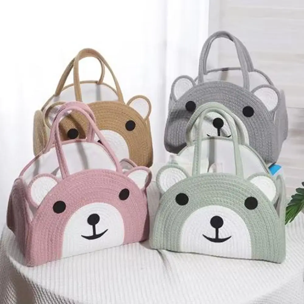 

Portable Cotton Rope Baby Diaper Bag Handheld Bear Pattern Diaper Storage Bin with Handle Large Capacity Mommy Bag Newborn