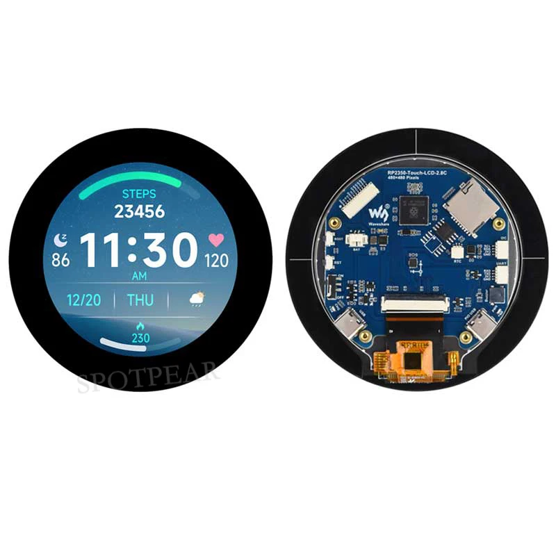 Raspberry Pi Pico 2 RP2350B 2.8インチLCD開発ボード RGBディスプレイ 丸型タッチスクリーン 480x480 LVGL QMI8658 / SD / RTC