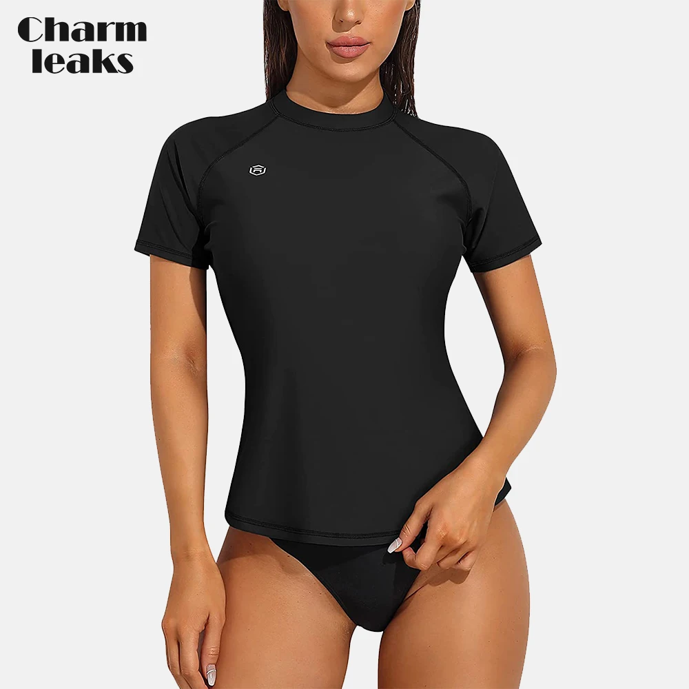 

Charmleaks Women Rashguard Solid Quick Dry Crew Neck UPF 50+ Slim Fit Surfing Top Raglan Sleeves Tops