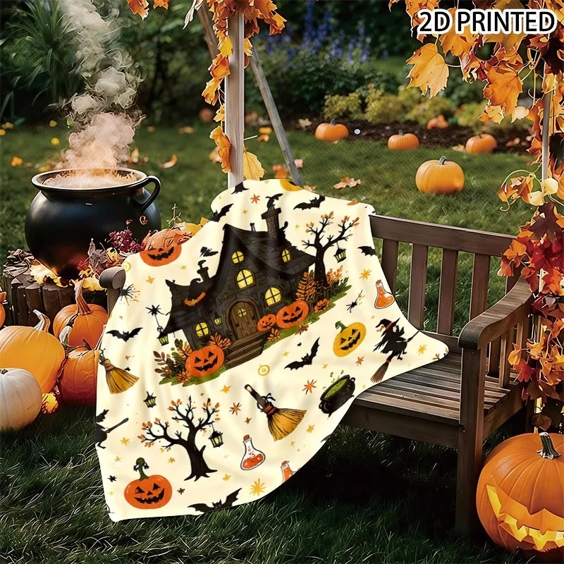 Whimsical Spooky Halloween Print Throw Blanket, Featuring Central Glowing Window Black Haunted House, Pumpkins, Bats & Witchy El