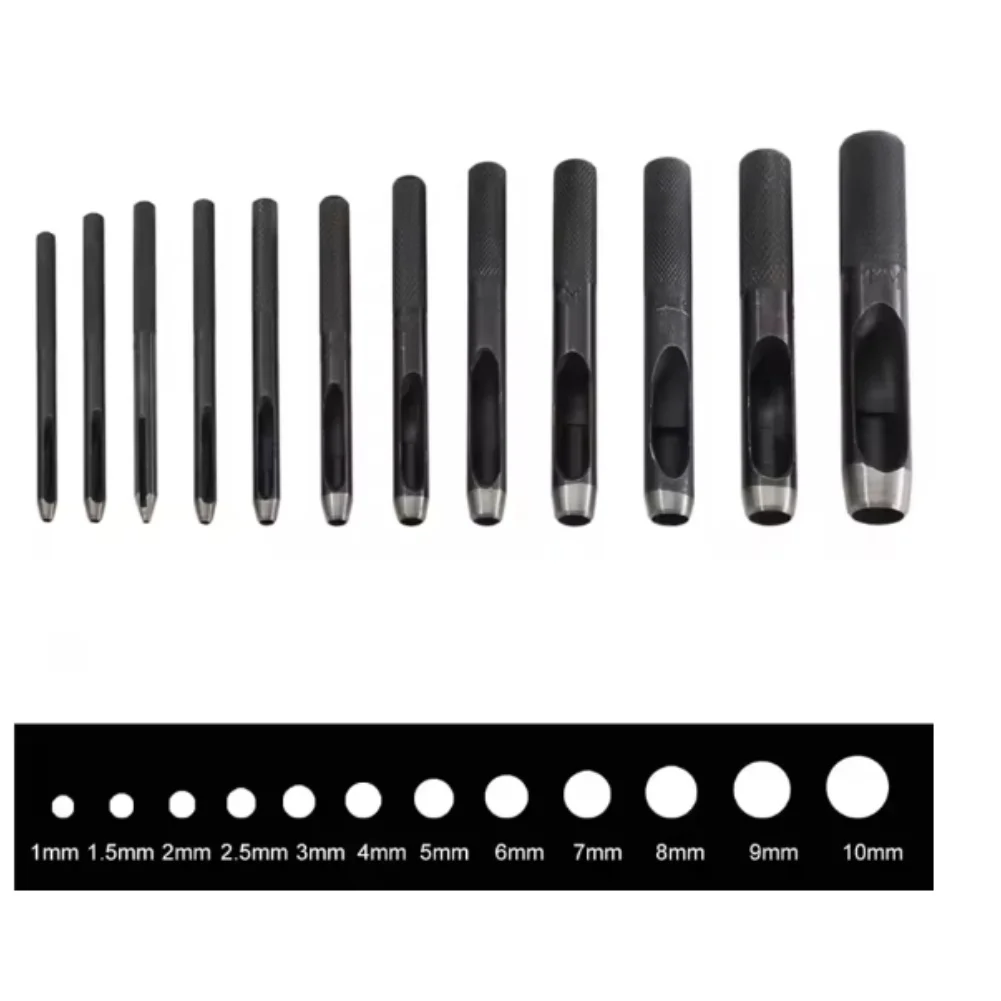 1-10mm 12PCS Hollow Punch Set Carbon Steel Leather Craft Round Hole Tool For Belt Watch Band Gasket Rubber Plastic Vinyl