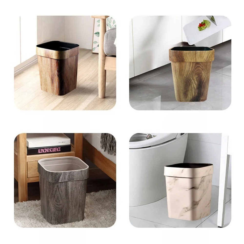 Square Large Capacity Trash Can Mimetic Wood Grain Toilet Paper Basket Household Retro Waste Bins