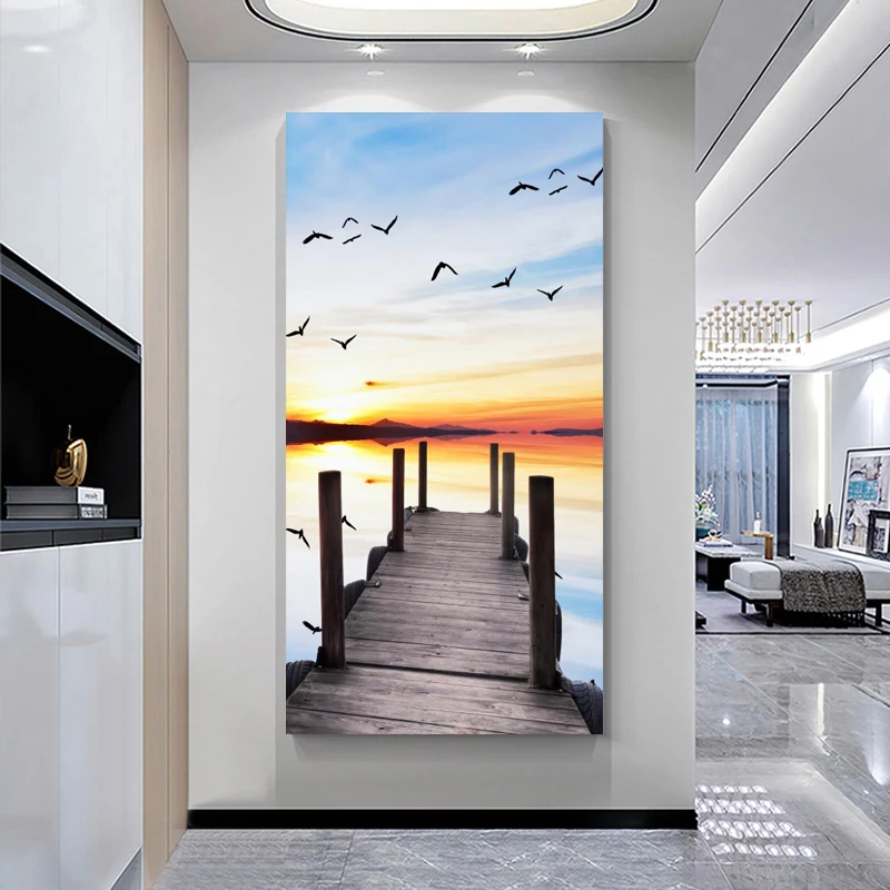 Landscape Painting Printed on Canvas Modern Lake Bridge Bird Posters Wall Art Picture for Living Room Home Decoration Frameless