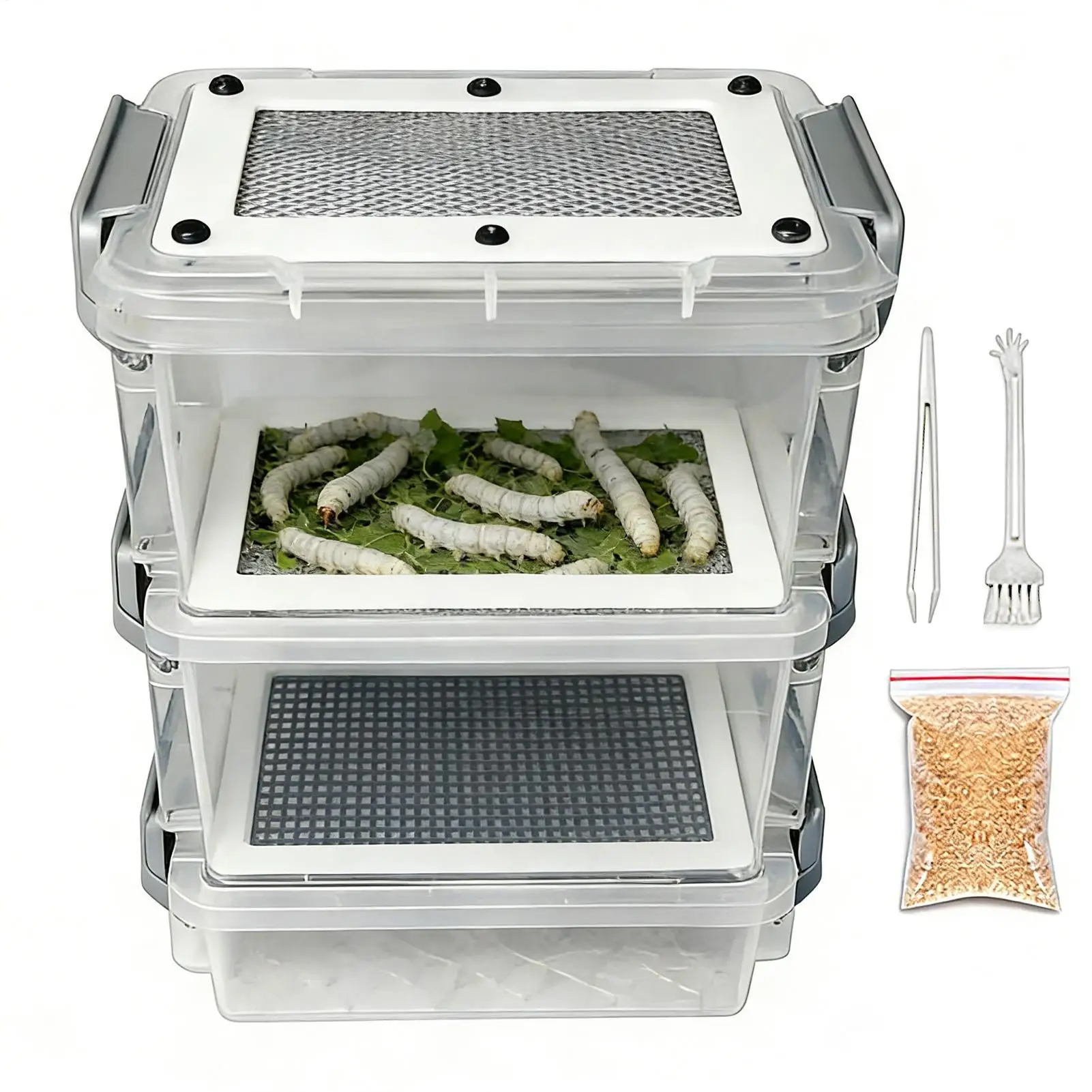 Picture 4: 3-Layer Silkworm Feeder Bin Corn Worm Breeder Box Mealworm Breeding Kit for Pet Parents Animal Lovers Keepers Breeders Hobbyists