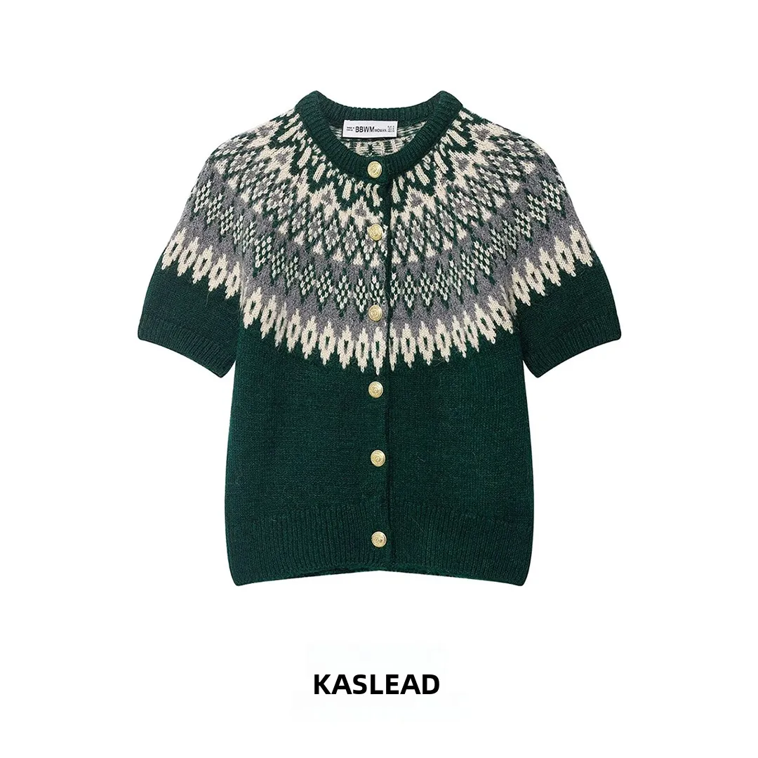 KASLEAD Nowa Damska Modna Sweter Rozpinany z Dzianiny 642725 Włókno Poliestrowe Okrągły Dekolt Guziki Geometryczny Wzór Kardigan