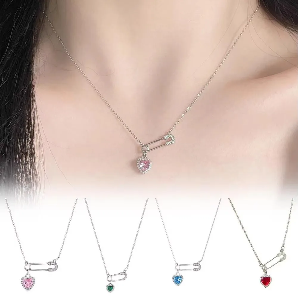 Fashion Love Pendant Pin Necklace Safety Needle Hollow Necklace Zircon Clip Collarbone Chains Women