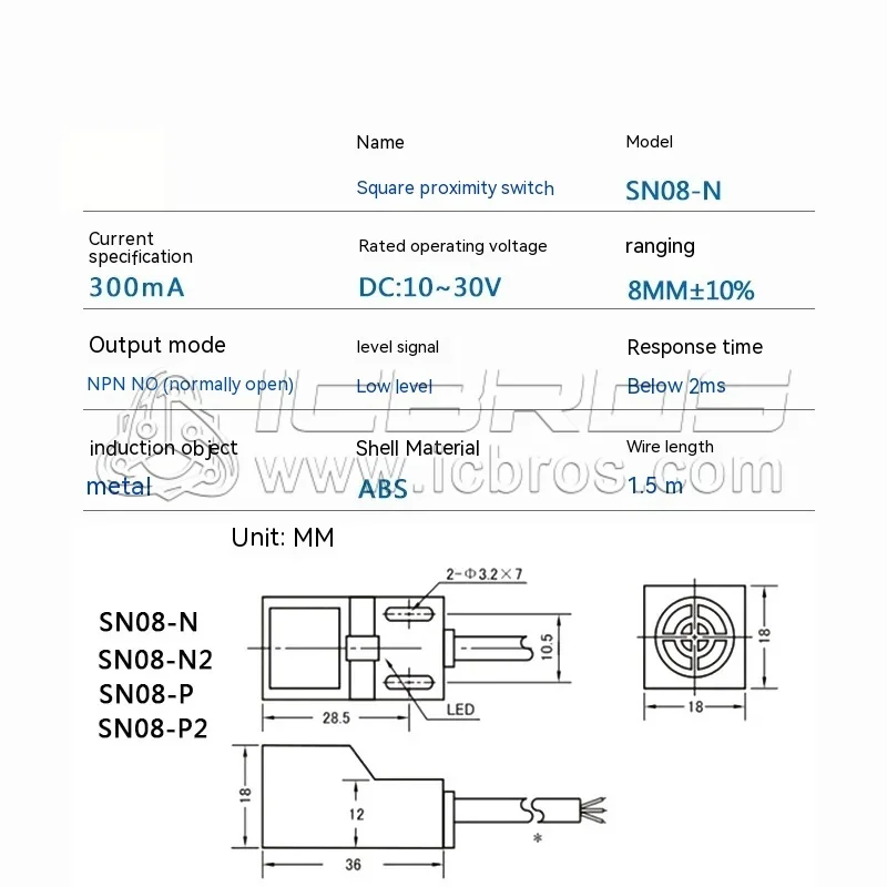 Waterproof Square Proximity Switch SN08-N SN08-P SN08-N2 SN08-P2 Three Wire NPN Normally Open And Closed PNP Metal SenSor 24V