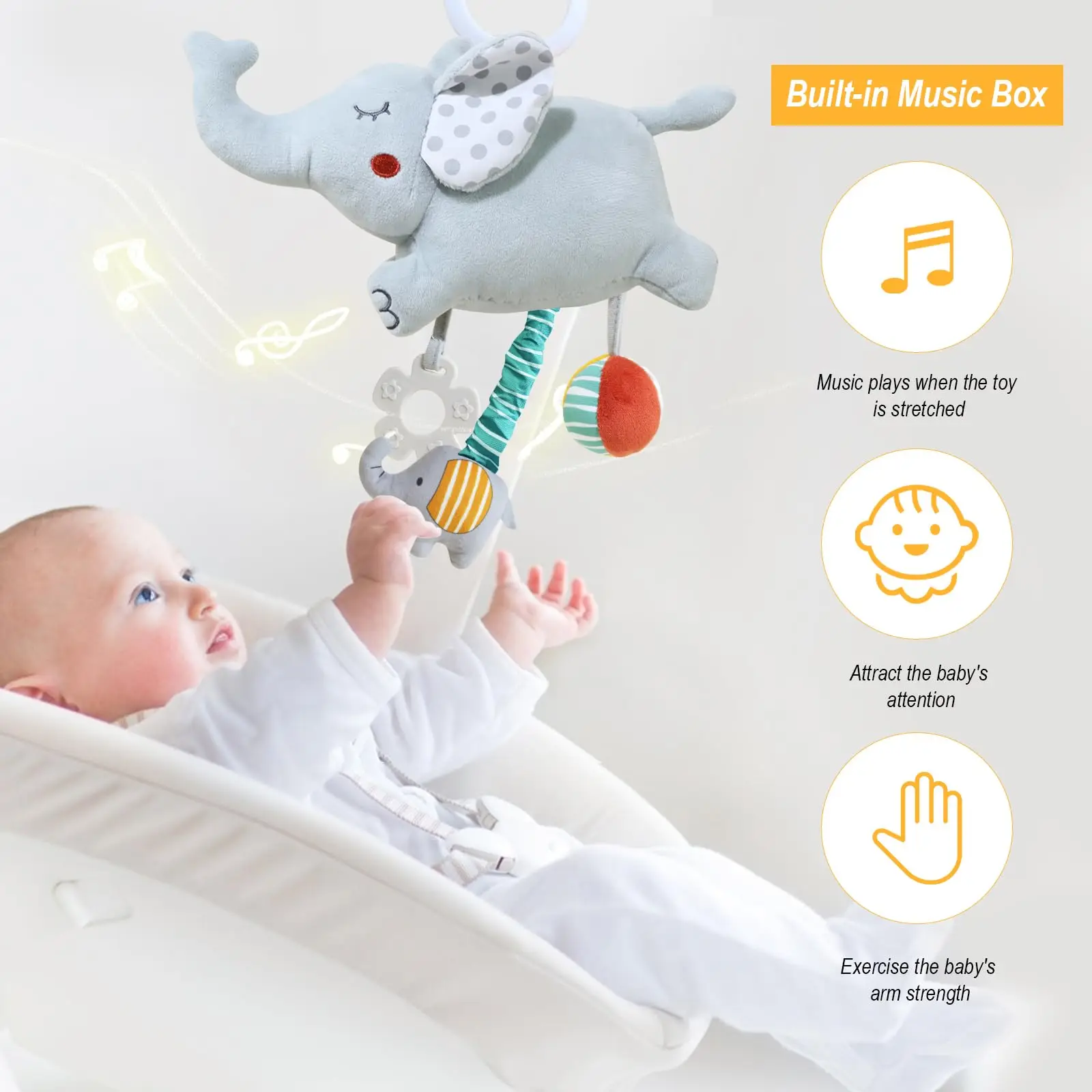 Baby Toys 0 12 Months Soft Plush Hanging Rattle Toy Baby Music Plush Activity Crib Stroller Toy with Teether Toddler Sensory Toy