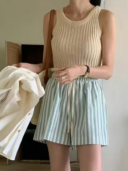 Korean Style Versatile Summer  Striped Casual Pants Drawstring Elastic Waist Shorts for Women All Seasons Wear