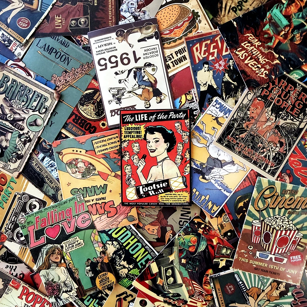 60Pcs  American Retro Poster Stickers Pack Vintage Vinyl Decals for Water Bottles Laptops Kids Party Favors School Supplies
