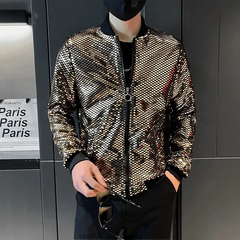 Sequin Diamond Bomber Jackets for Men Silver Plaid Fashion Streetwear Hip Hop Windbreaker Coat Nightclub Singer Stage Costume